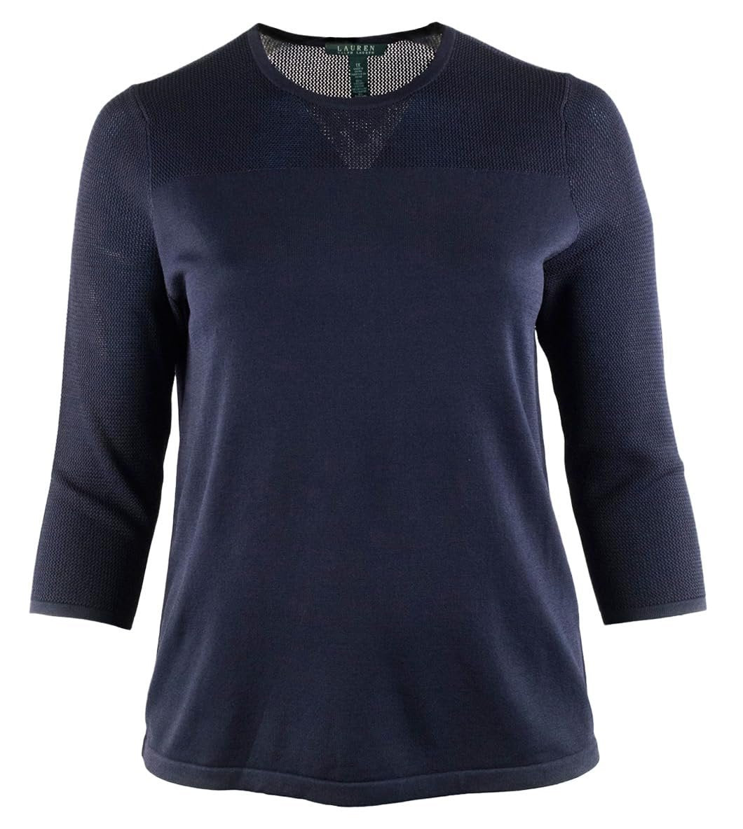LAUREN RALPH LAUREN Women's Plus Size Mesh Sleeve Crewneck Sweater