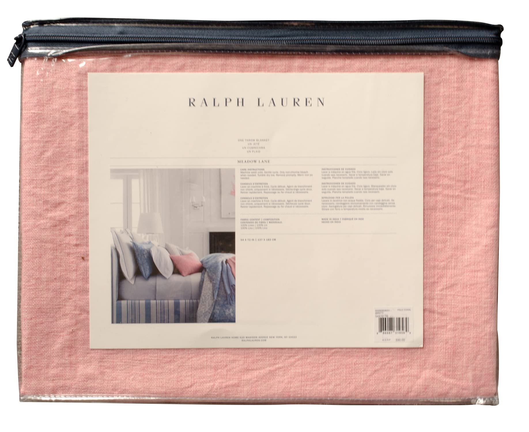 Ralph Lauren Home Meadow Lane Britt Linen Throw Blanket 54" x 72" Pale Coral
