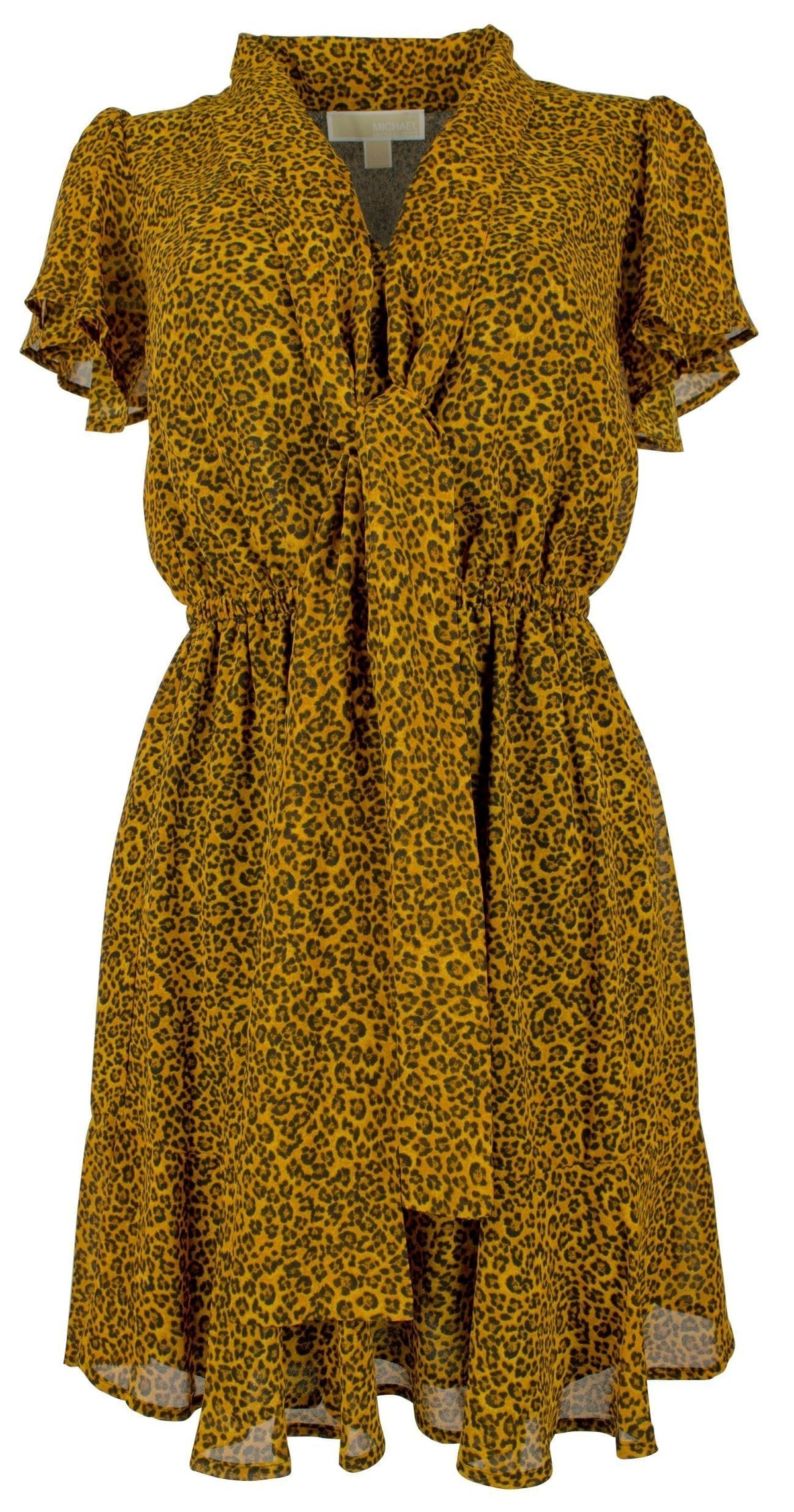 Michael Kors Women's Leopard Printed Cap Sleeve Tie Neck Dress Marigold