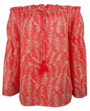 Michael Kors Women`s Patterned Off the shoulder Bell Sleeve Tassel Top
