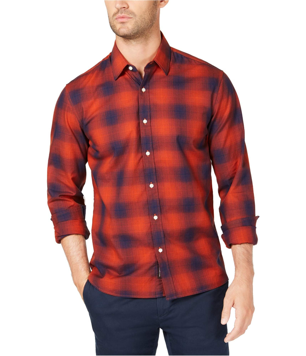 Michael Kors Mens Plaid Button Up Shirt, Orange, Small