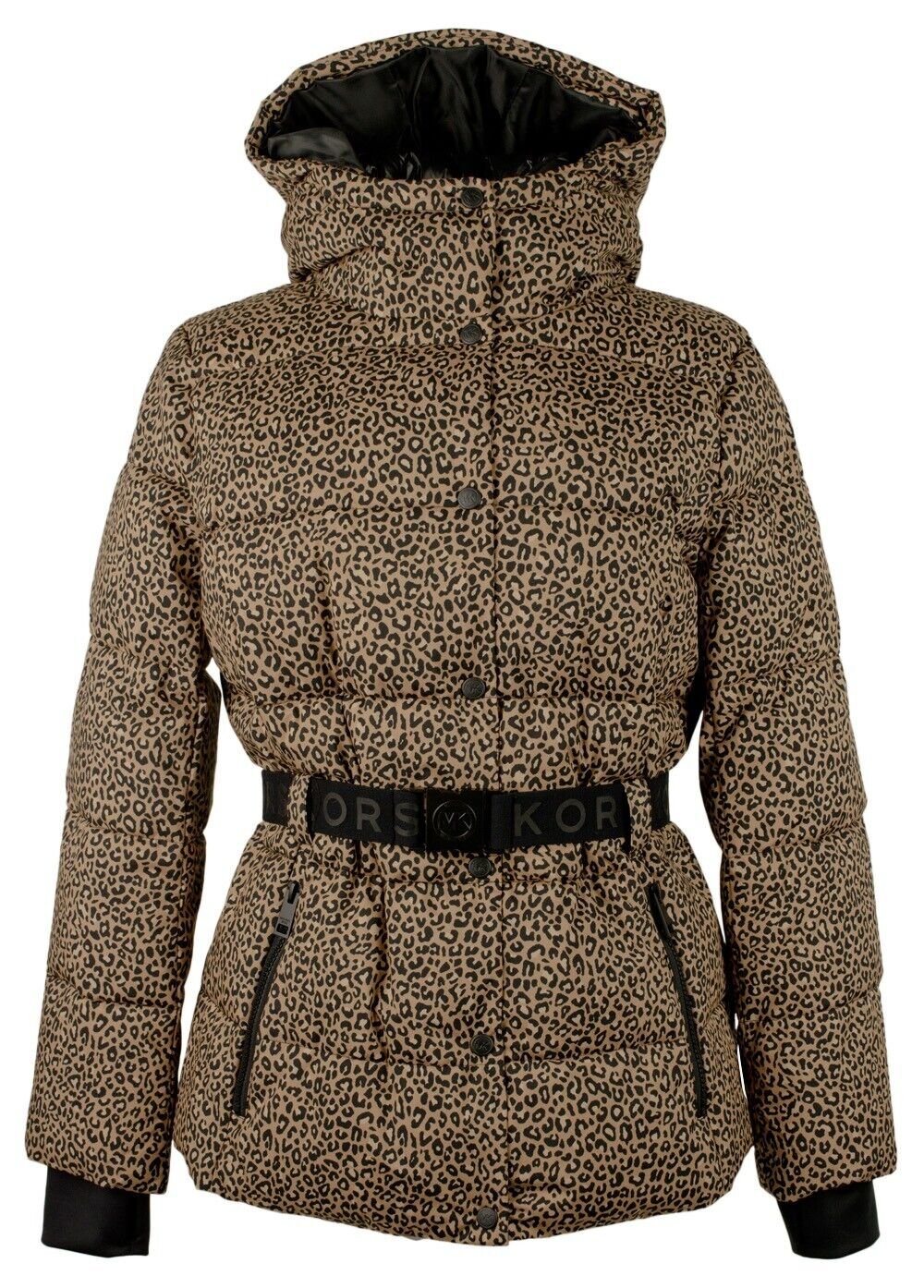 Michael Kors Women's Hooded Leopard Print Belted Puffer Coat Jacket Medium