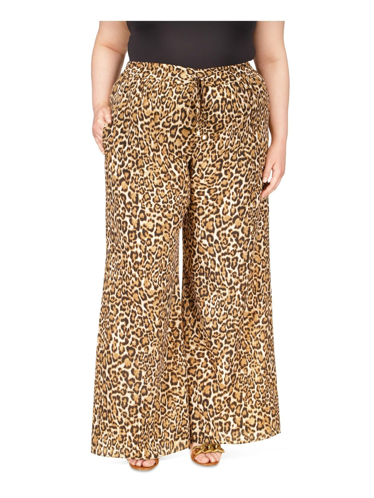 Plus Size Cheetah Print Pull-On Wide Leg Pants 2X Beige