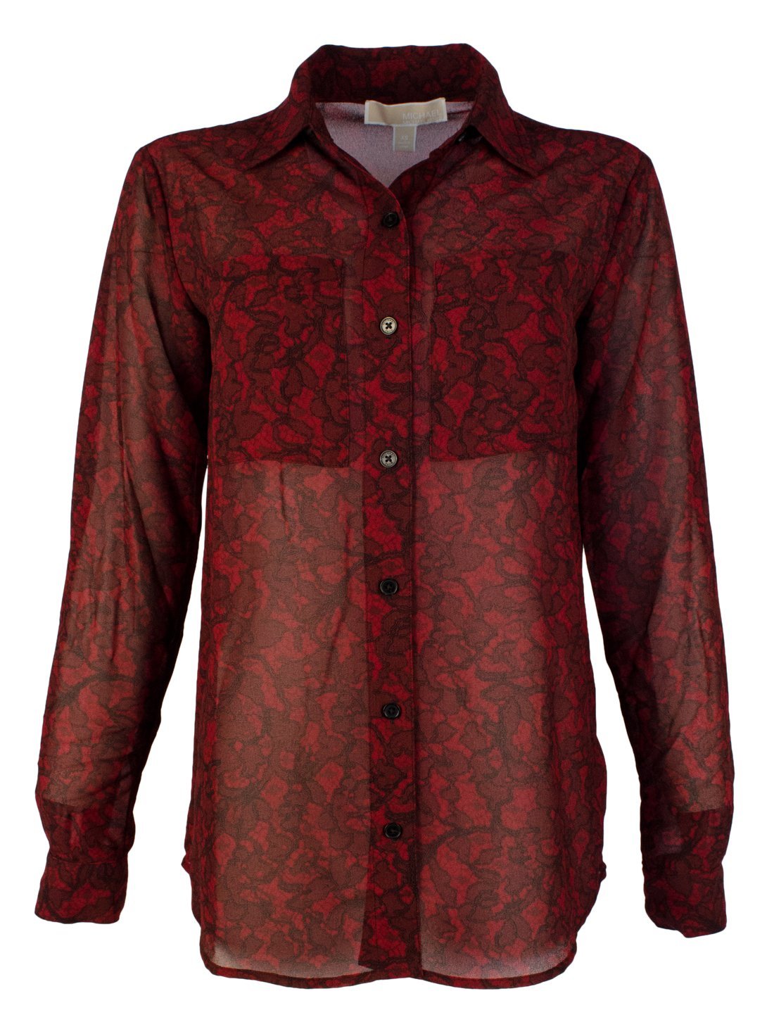Women's Lace Print Button Down Blouse Shirt C XS Cinnabar