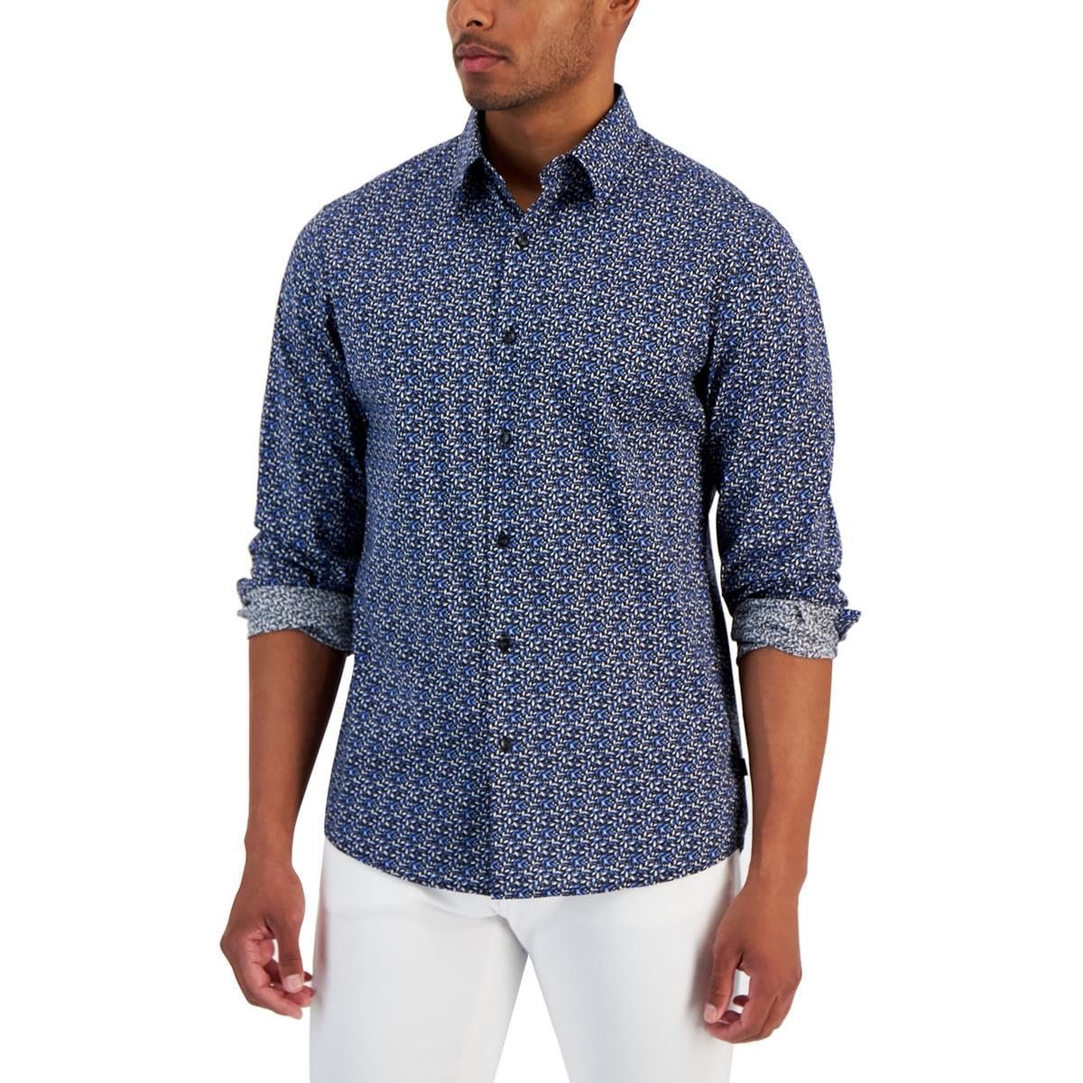 Michael Kors Mens Printed Stretch Button-Down Shirt Navy S, Black