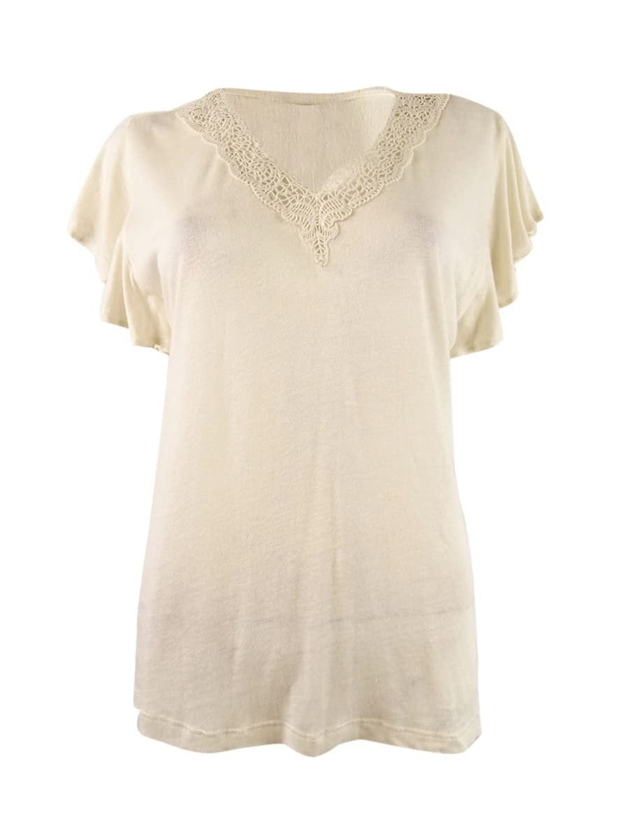 Lauren Ralph Lauren Women's Jersey Flutter Sleeve T Shirt (L, Winter Cream)