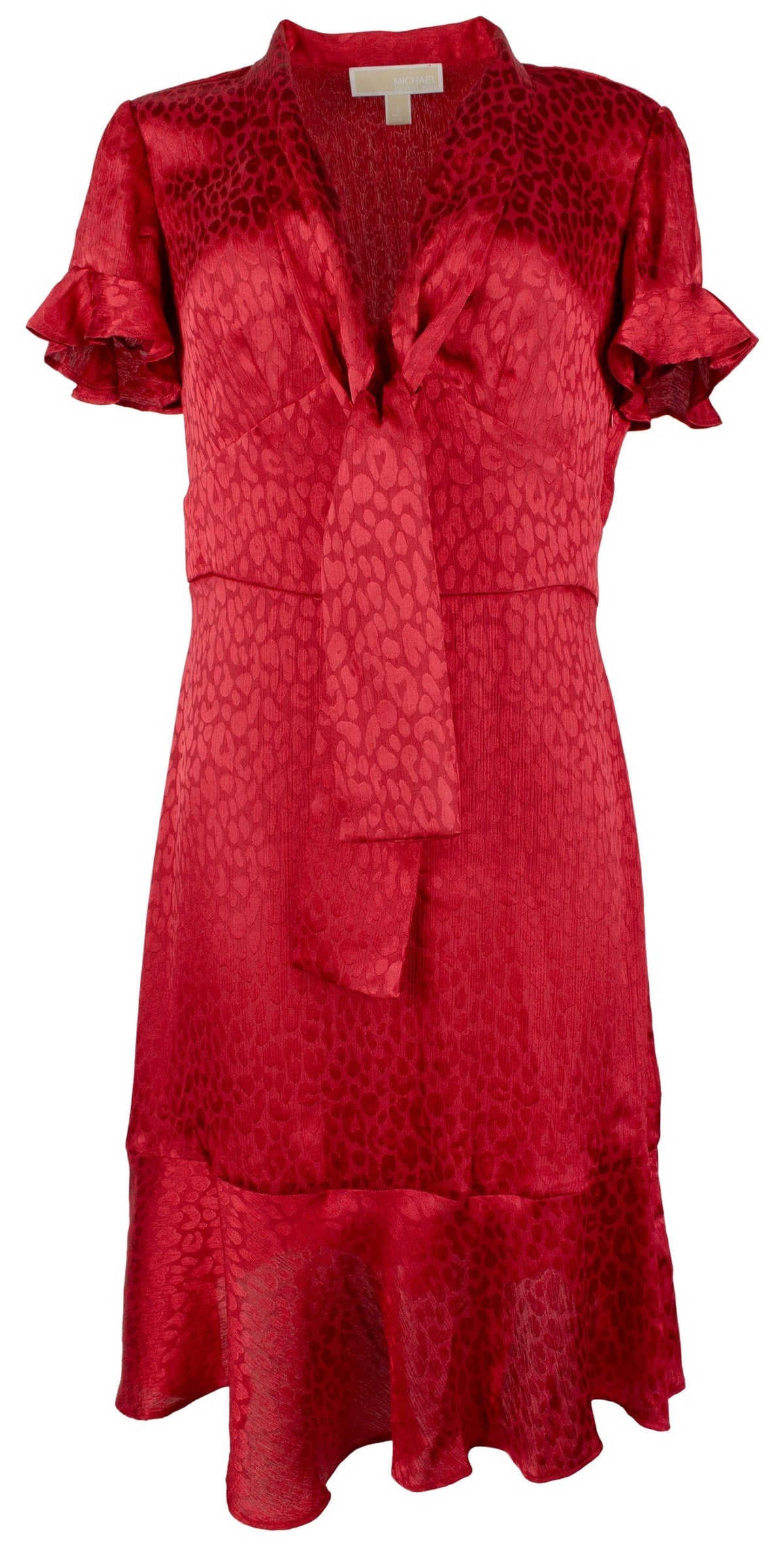 Michael Kors  Women's Ruffled Sleeve Self Tie V-neck Fit Dress Crimson Red Small