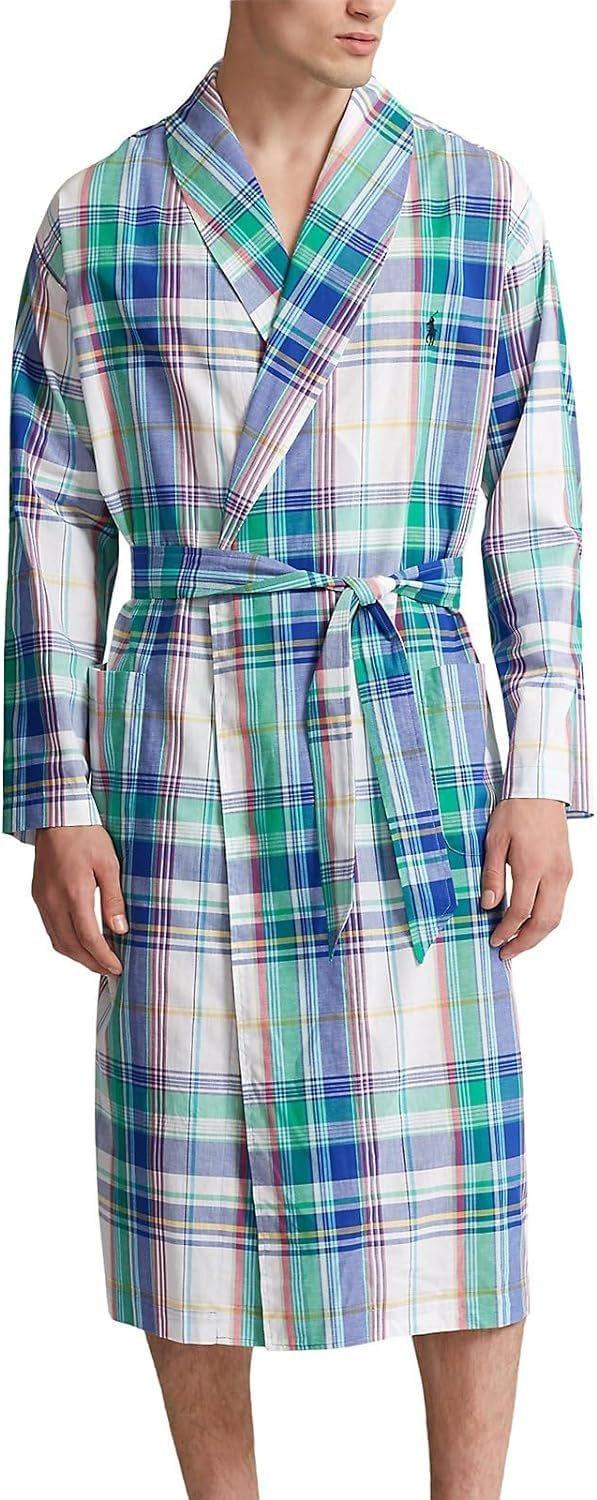 POLO RALPH LAUREN Men's 100% Cotton Woven Plaid Robe (Green, Size Small/Medium)