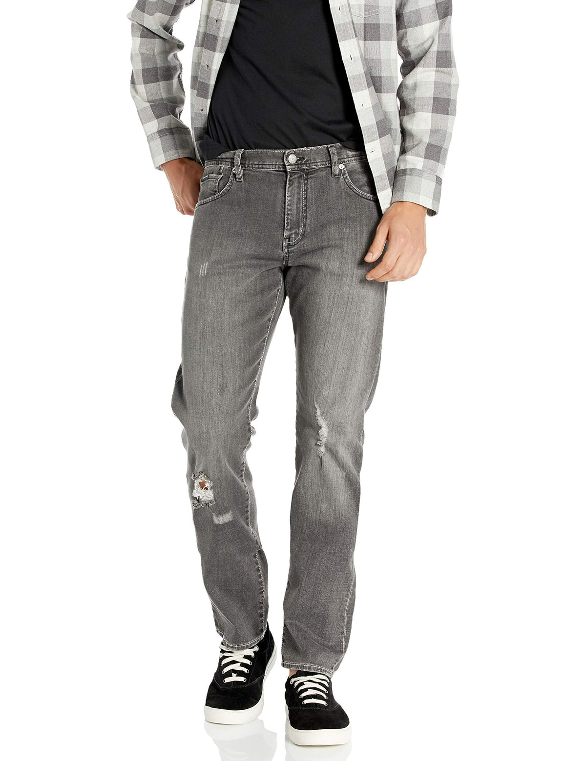 Armani Exchange Men's Stretch Cotton Denim Straight Pant with Rips and Repairs