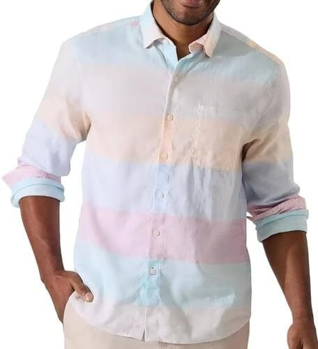 Tommy Bahama Long Sleeve Barbados Breeze Sail Stripe Linen Blend Camp Shirt