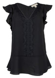 Michael Kors Women's Lace Trimmed V Neck Top BLK XS