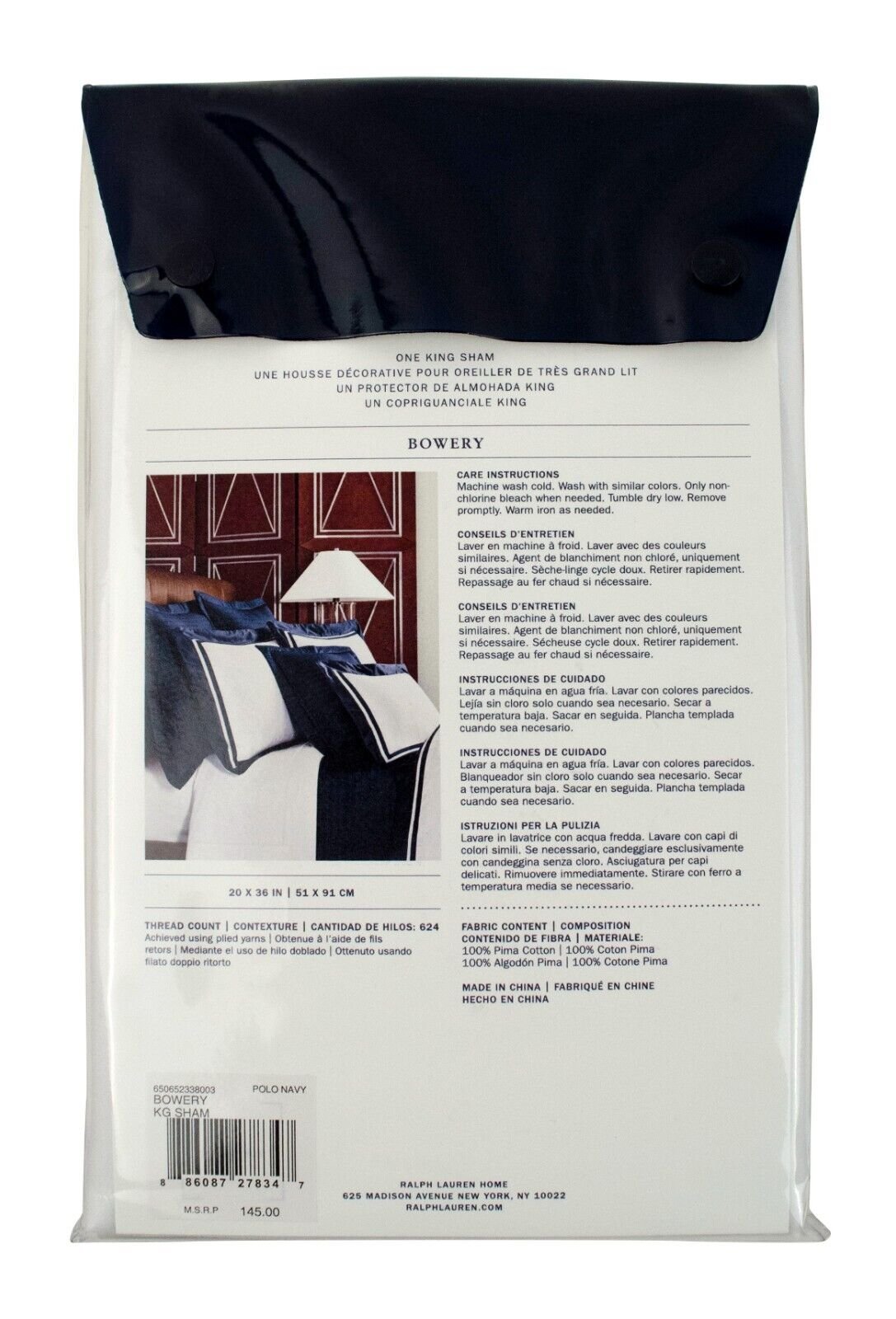 Ralph Lauren Home Bowery Cotton One King Sham 20X36 In 51X91 Cm Navy / White