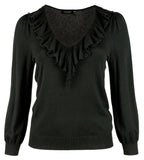 Ralph Lauren Lauren Women's Plus Size Ruffle Trim V-Neck Pullover Sweater Top Blk 2X