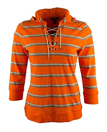 Women's Petite Lace-Up 3/4 Sleeve Hoodie Top-OM-P