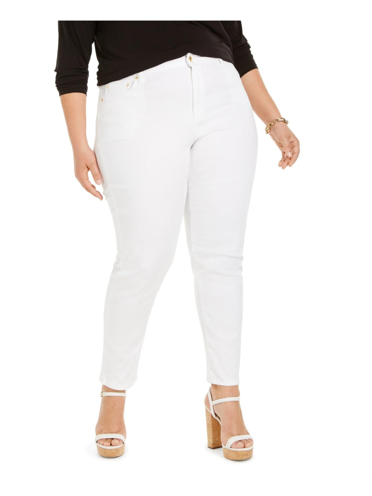 MICHAEL KORS Womens White Zippered Pocketed Skinny Logo Plate Wear to Work High Waist Jeans Plus 22W
