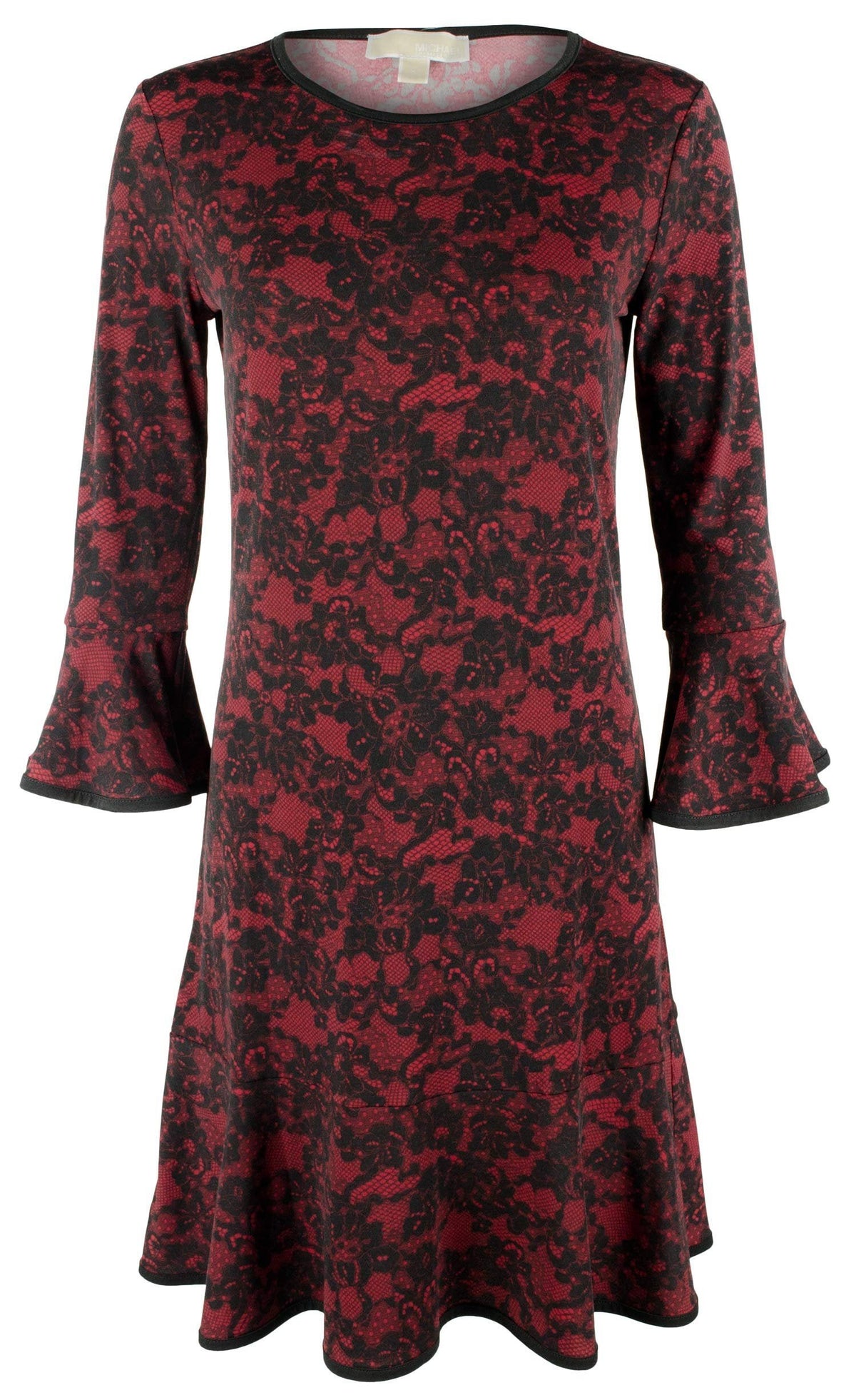 Michael Michael Kors Women's Glam Lace Print Bell Sleeve Flounce Hem Dress