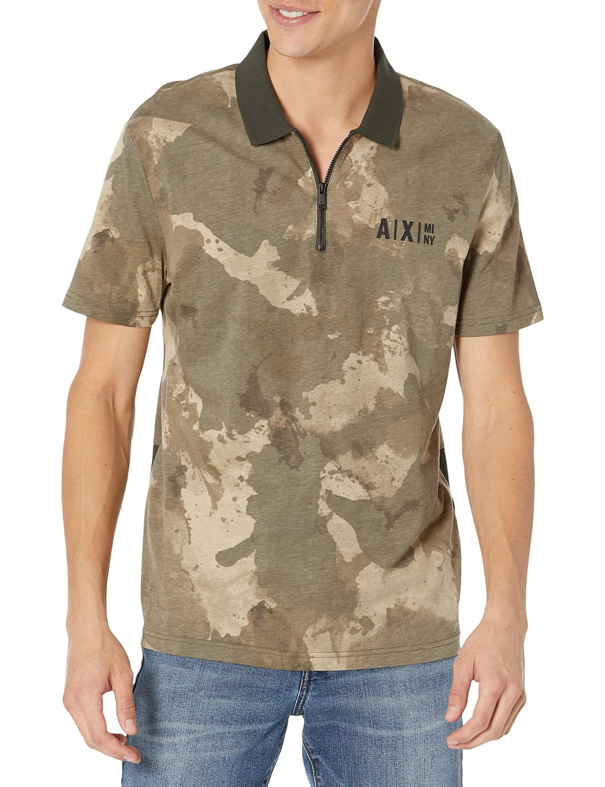 Armani Exchange Men's Colorblock Camo Printed Zip Short Sleeve Polo Shirt