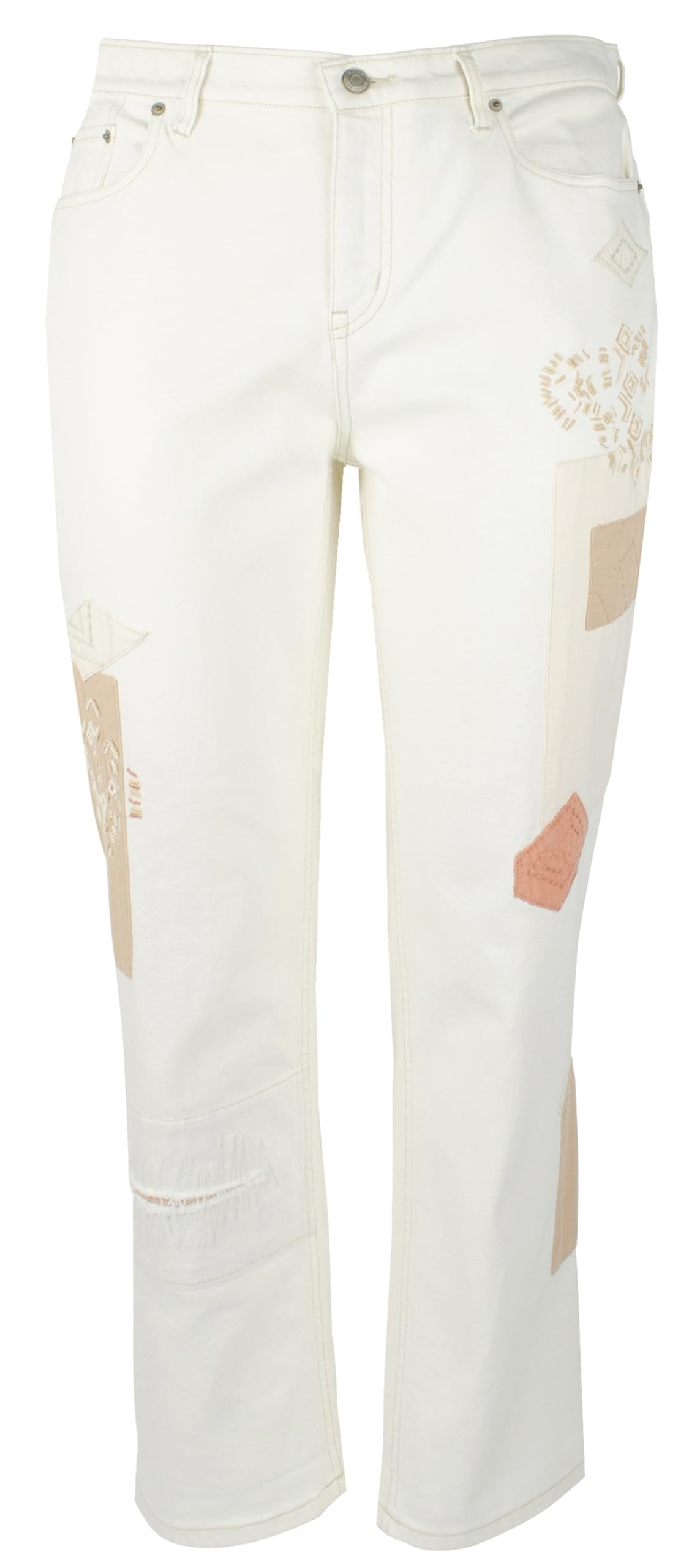 Lauren Women's Plus Beaded Patchwork Relaxed Jeans Pants 16W Cream