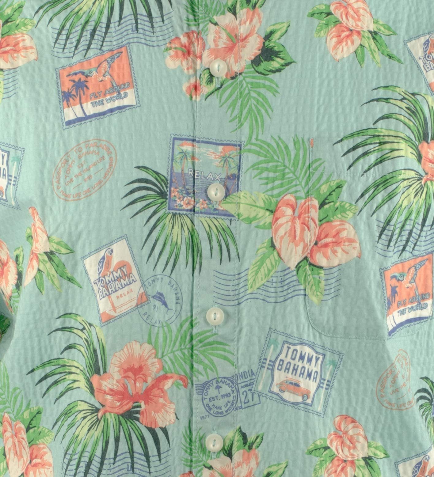 Tommy Bahama Men's Paradise Stretch Cotton Short Sleeve Camp Shirt Aqua Aloha Large