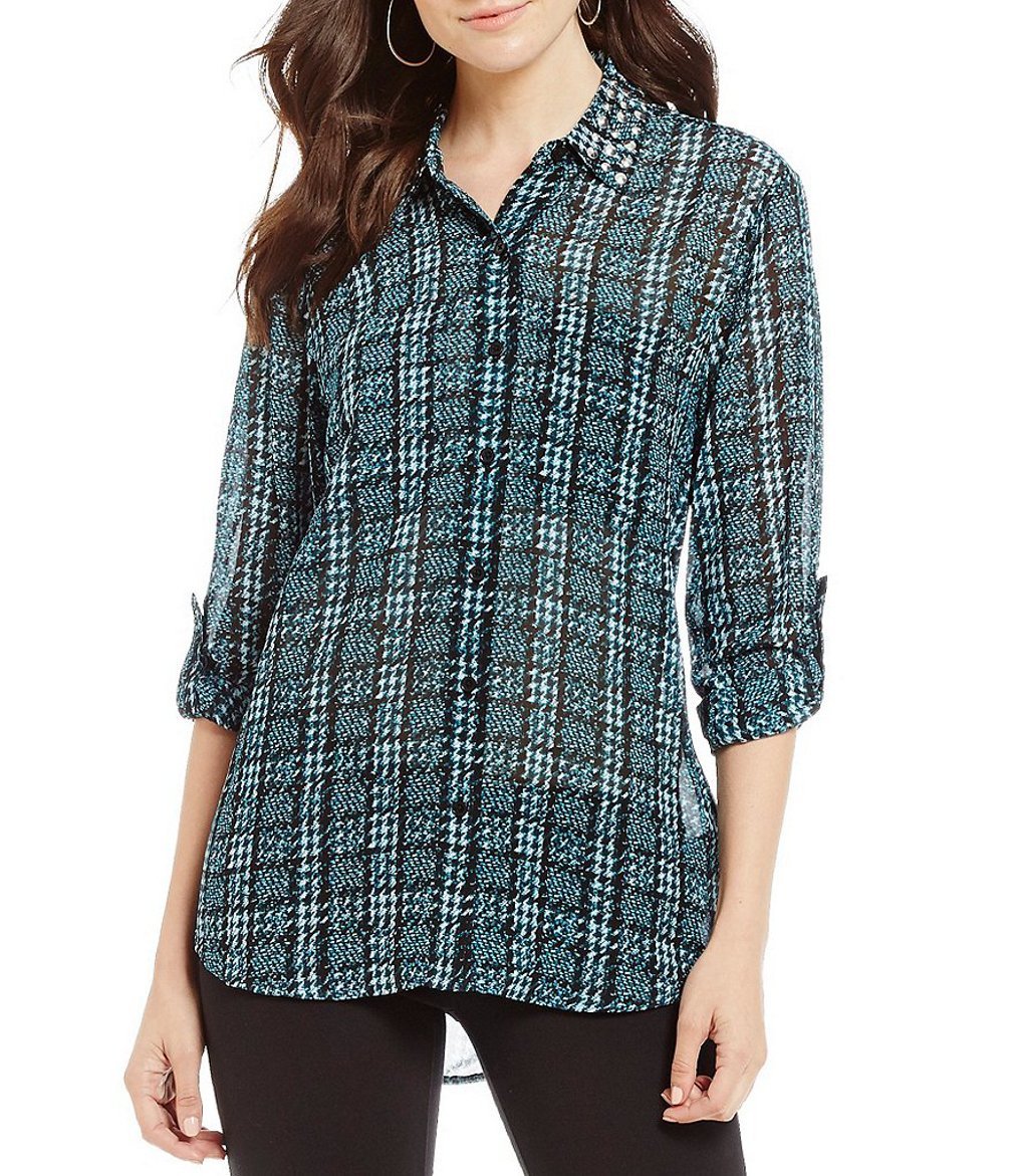 Michael Kors Women's Tweed Haberdashery Print Georgette Roll-Sleeve Shirt-DT-L Deep Teal